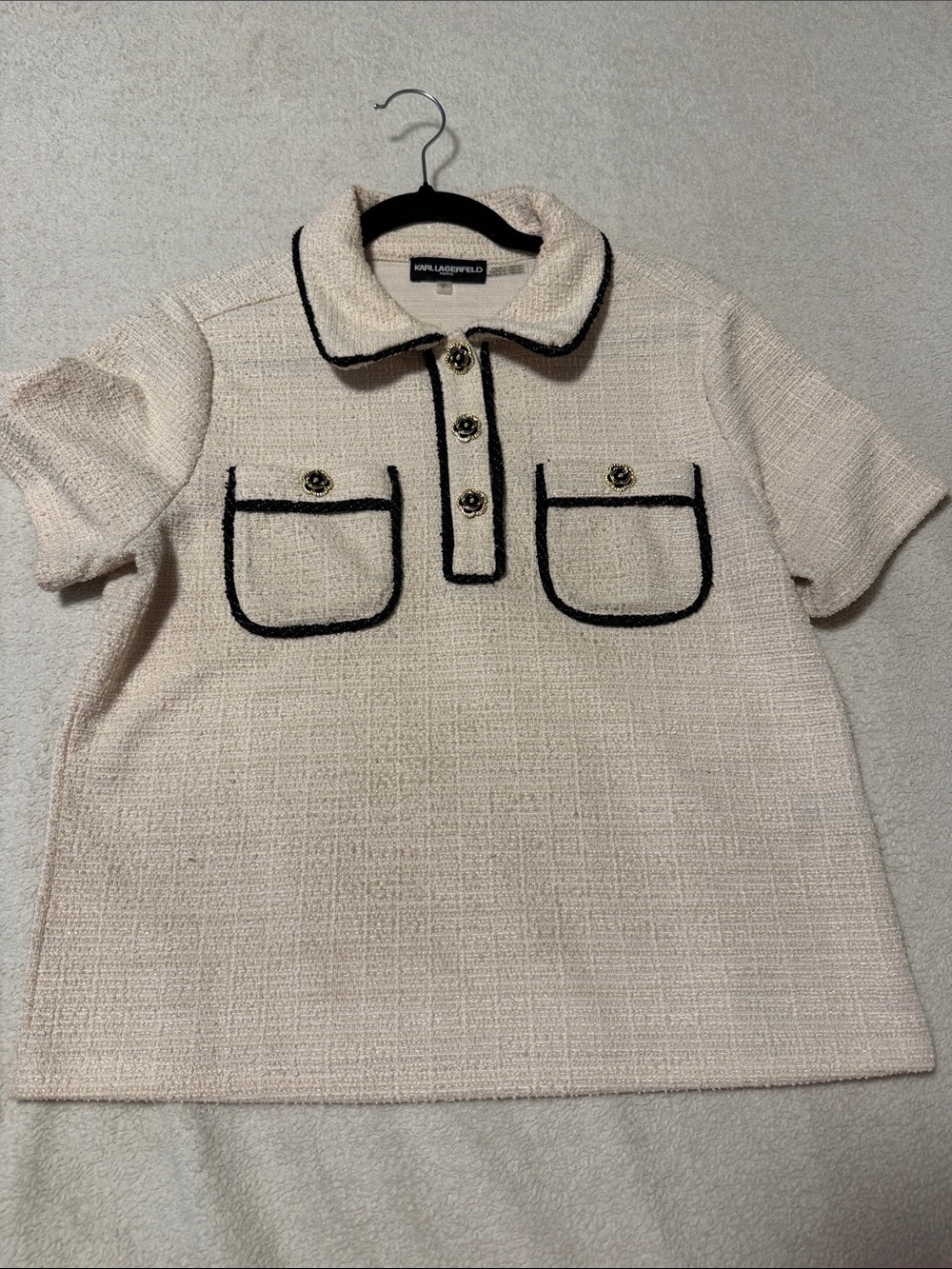 Karl Lagerfeld Cream Tweed Polo Top with Black Trim